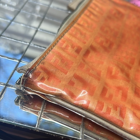 Fendi Zucco Zucchino Orange Peach Clear Coated Canvas Zip Pouch Clutch Bag - Picture 11 of 12